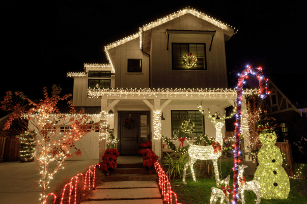 Roofline and yard holiday lighting, Carmichael pillar wrap Christmas lights