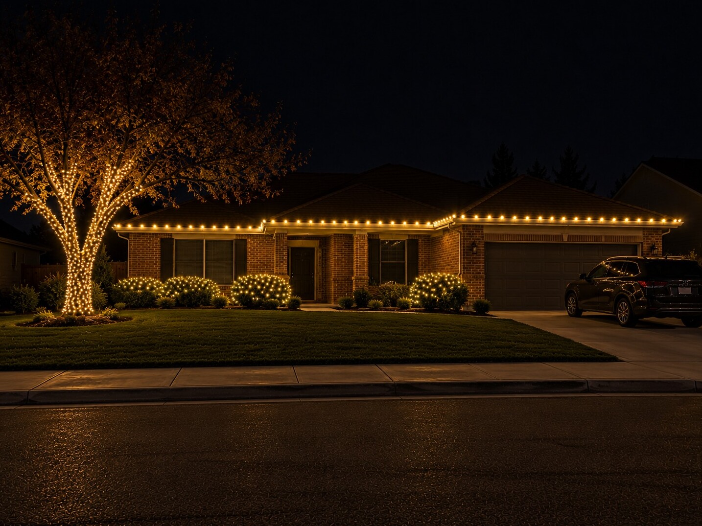 Christmas light company in Carmichael, CA: brick ranch tree sleeve wrap c9 warm white