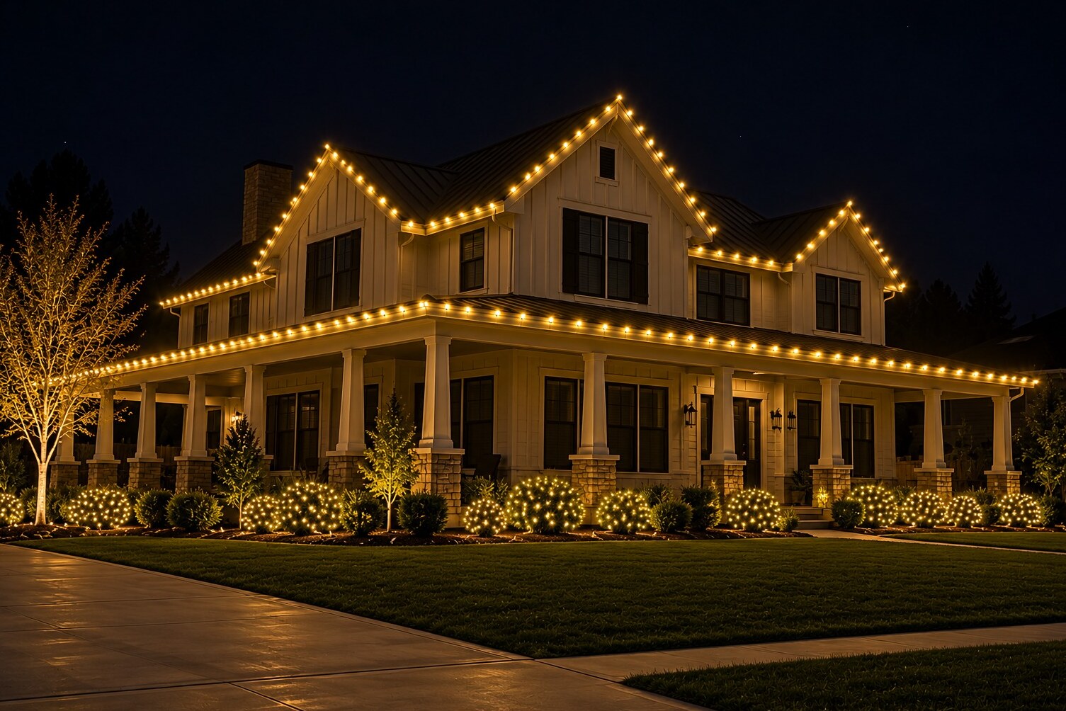 Christmas light company in Carmichael, CA: farmhouse wraparound porch c9 warm white