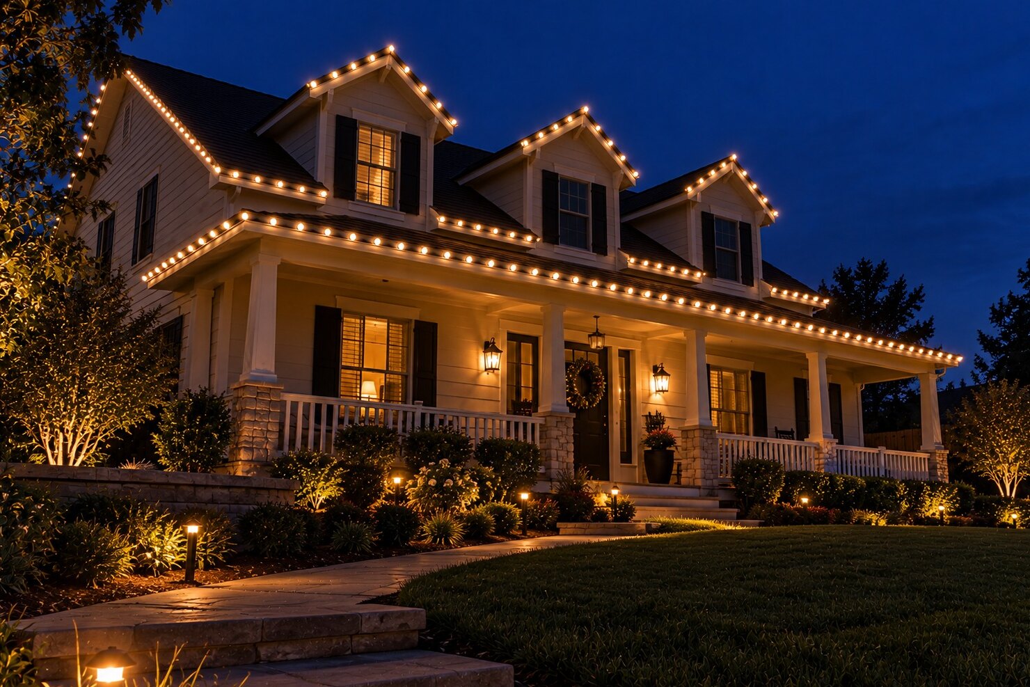 Christmas light company in Carmichael, CA: porch house warm white dormers dusk