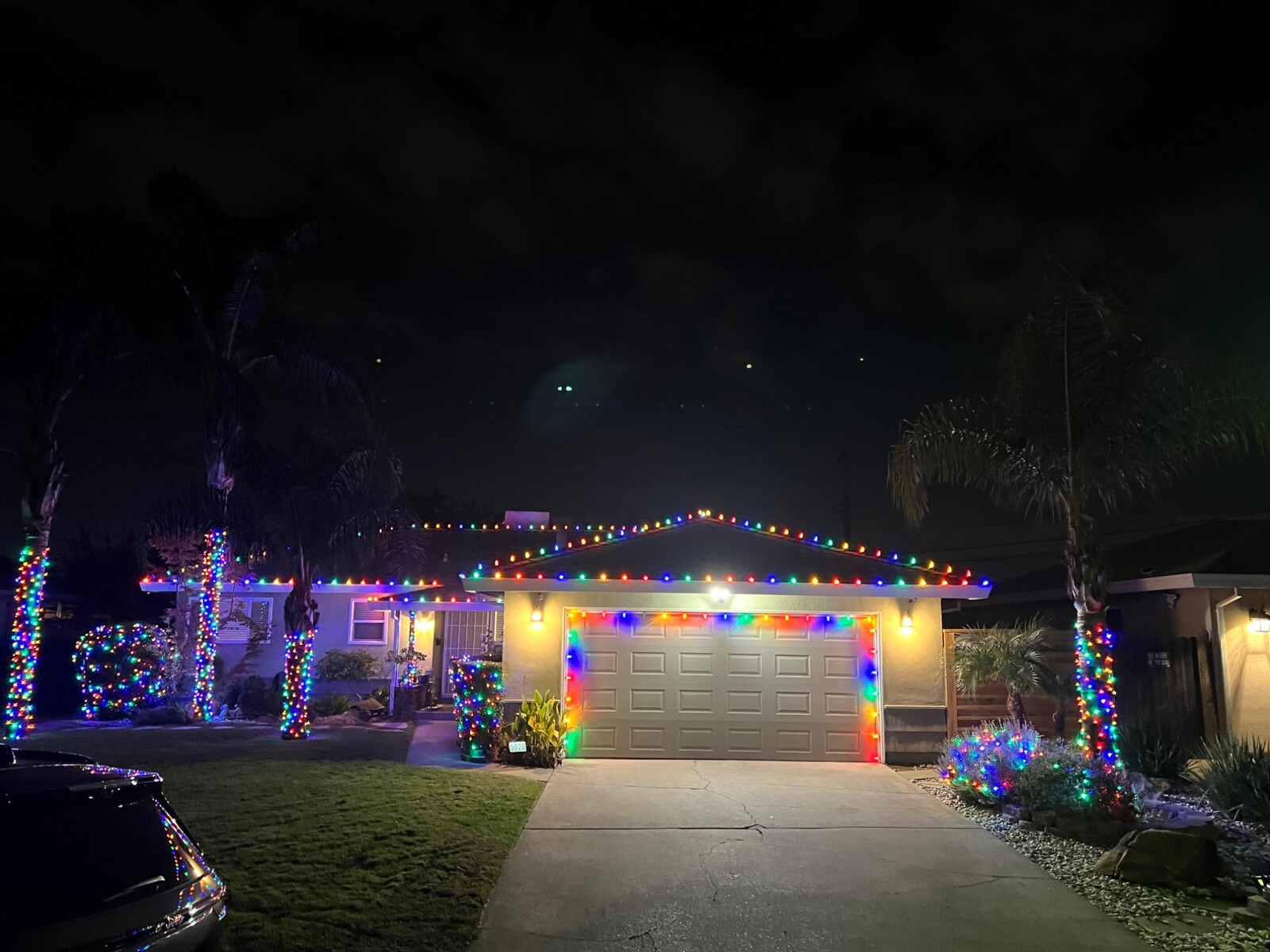 Christmas light company in Carmichael, CA: ranch multicolor roofline garage outline palm wraps