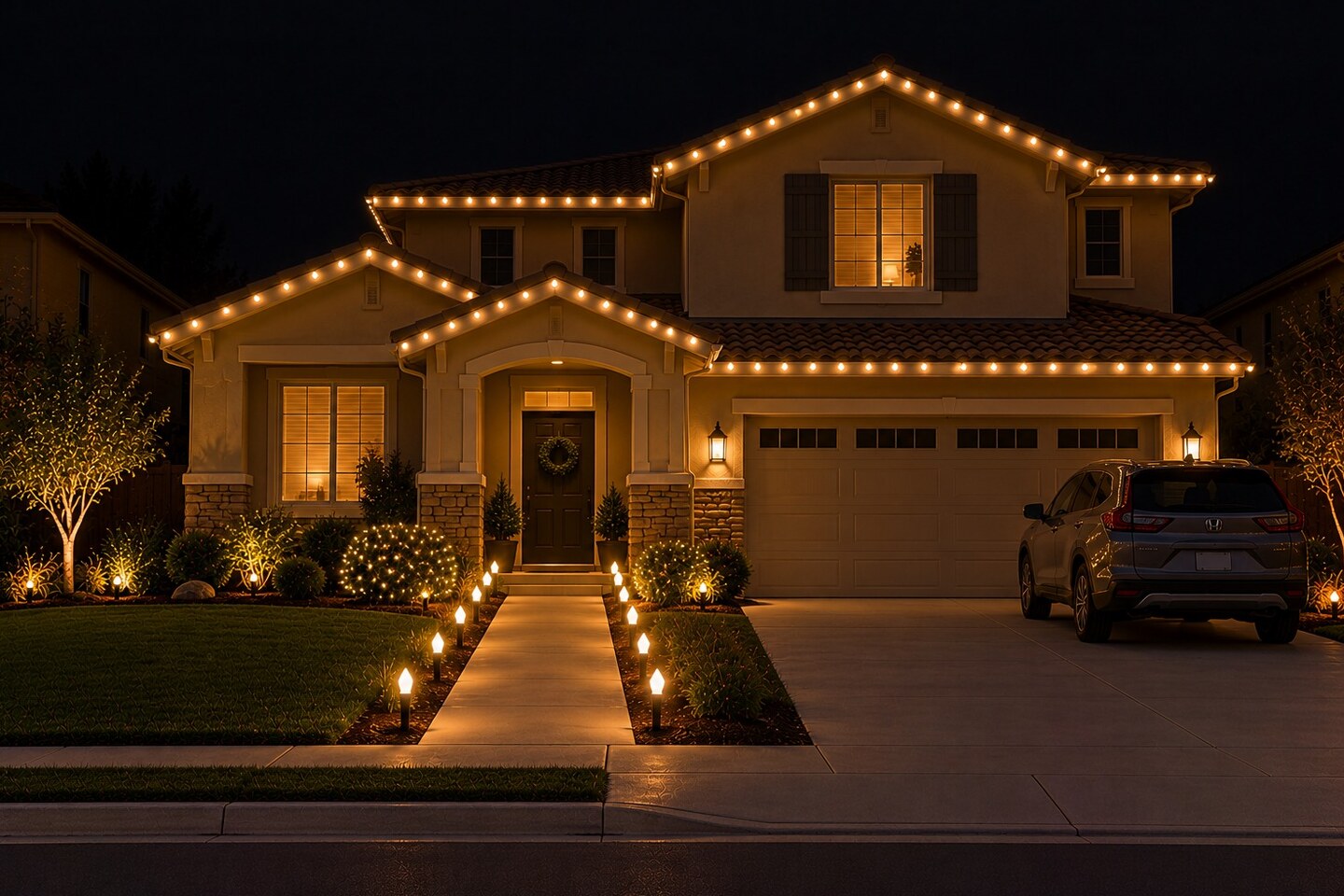 Christmas light company in Carmichael, CA: tract two story warm white stakes