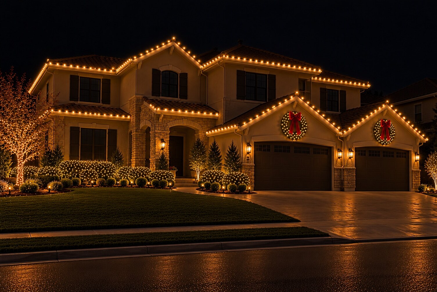 Christmas light company in Carmichael, CA: two story garage door wreaths c9 warm white