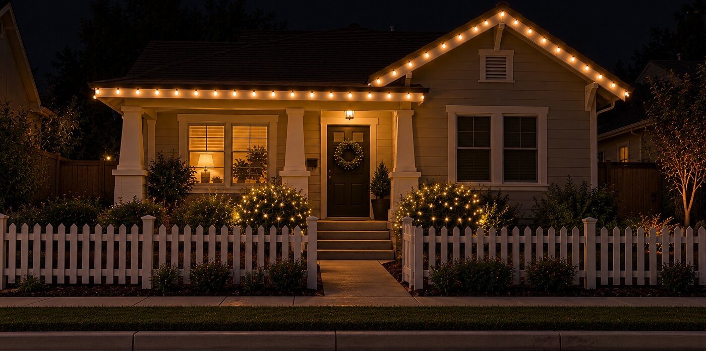 Christmas light hanging in Carmichael, CA: bungalow picket warm white bushes