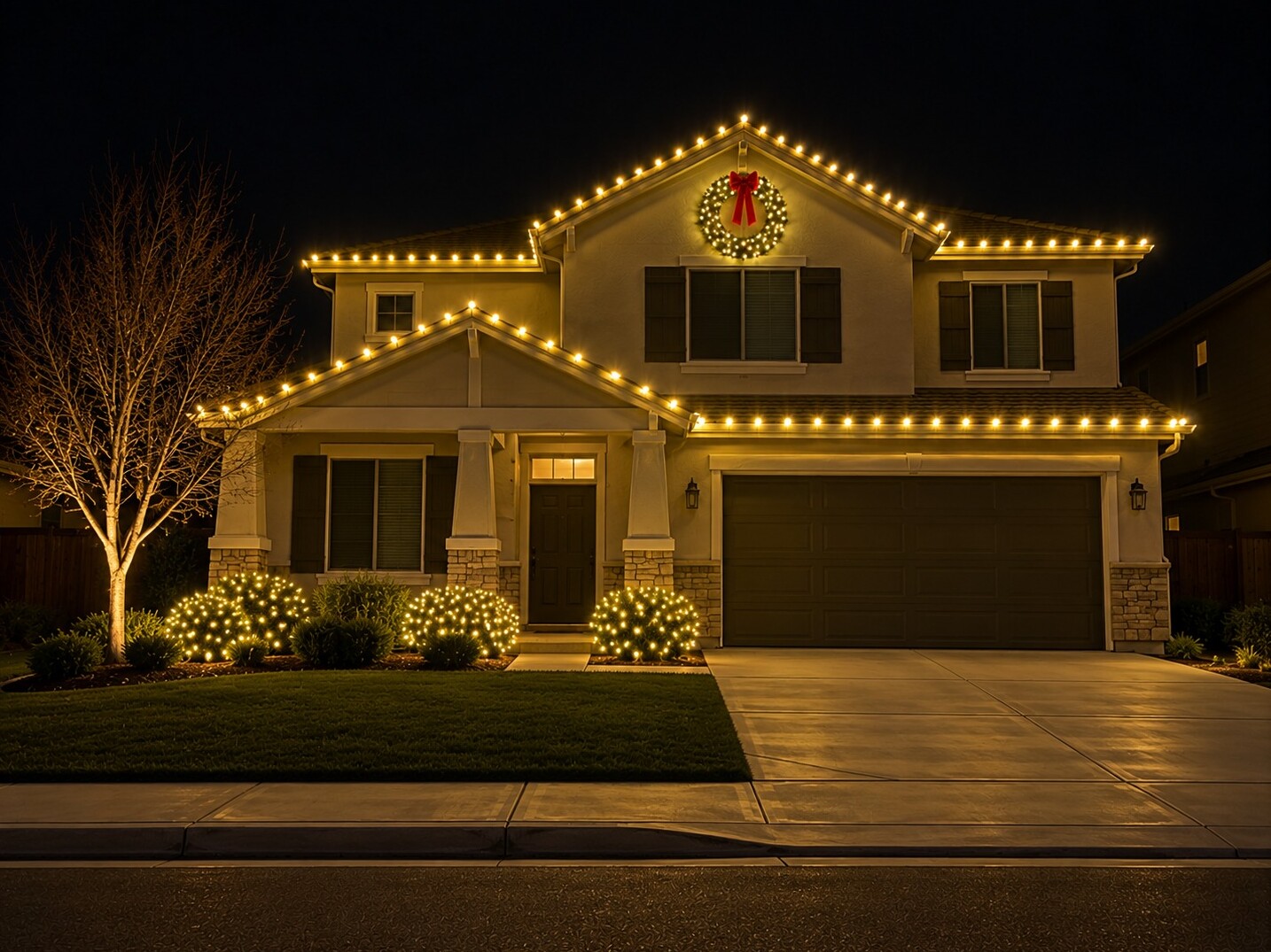 Christmas light hanging in Carmichael, CA: double gable wreath c9 warm white