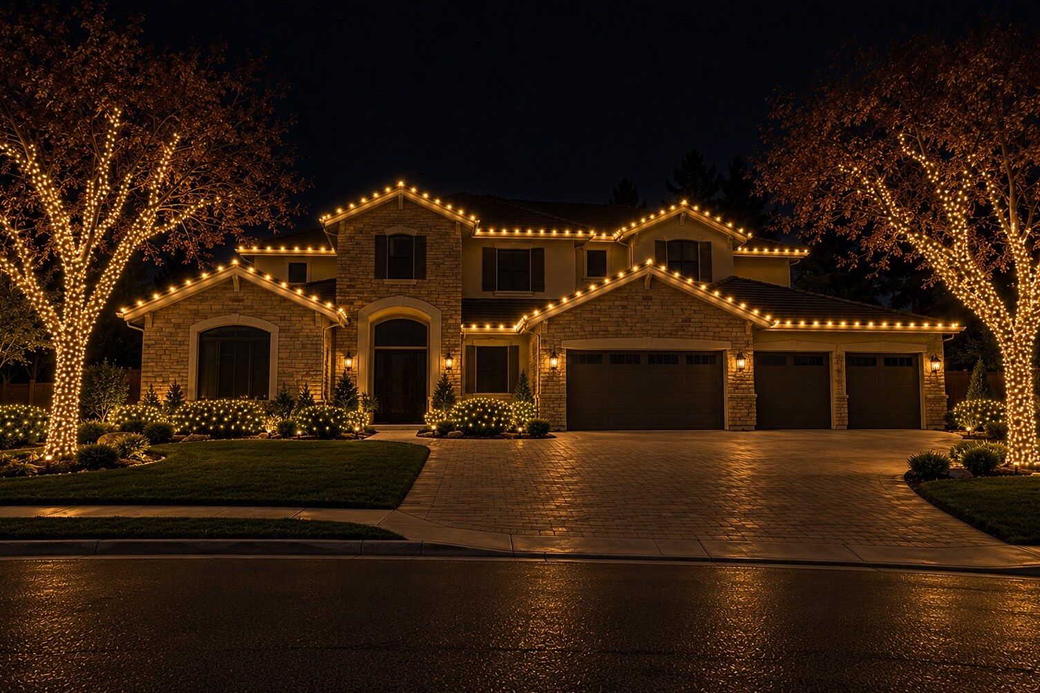 Christmas light hanging in Carmichael, CA: grand stone stucco estate wrapped oaks c9 warm white