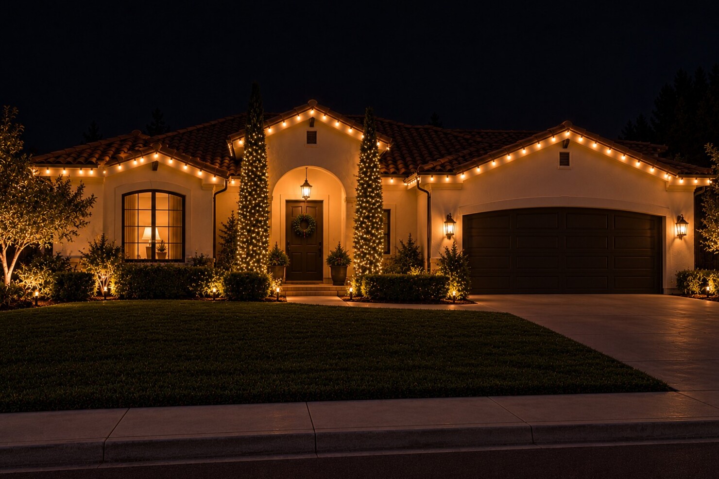Christmas light hanging in Carmichael, CA: tract home warm white roofline