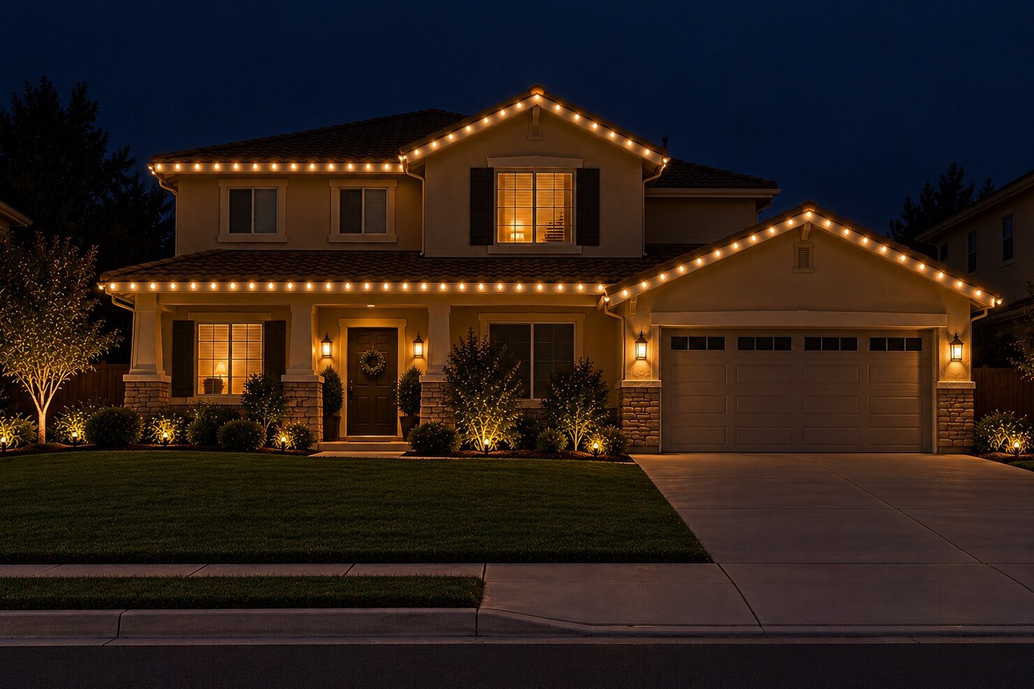 Christmas light installation in Carmichael, CA: tract two story warm white front