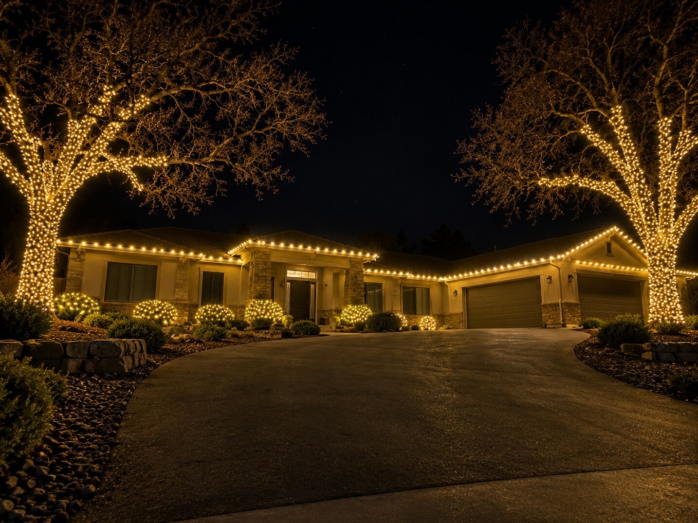Christmas light installers in Carmichael, CA: foothill twin oak wraps c9 warm white