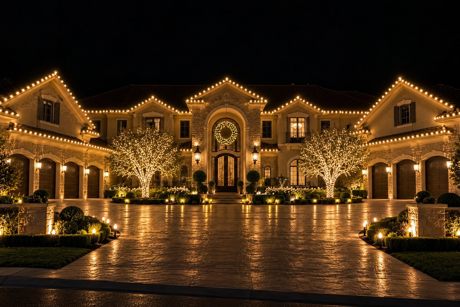 Christmas light installers in Carmichael, CA: grand twin gable estate arched entry wreath six car garage warm white