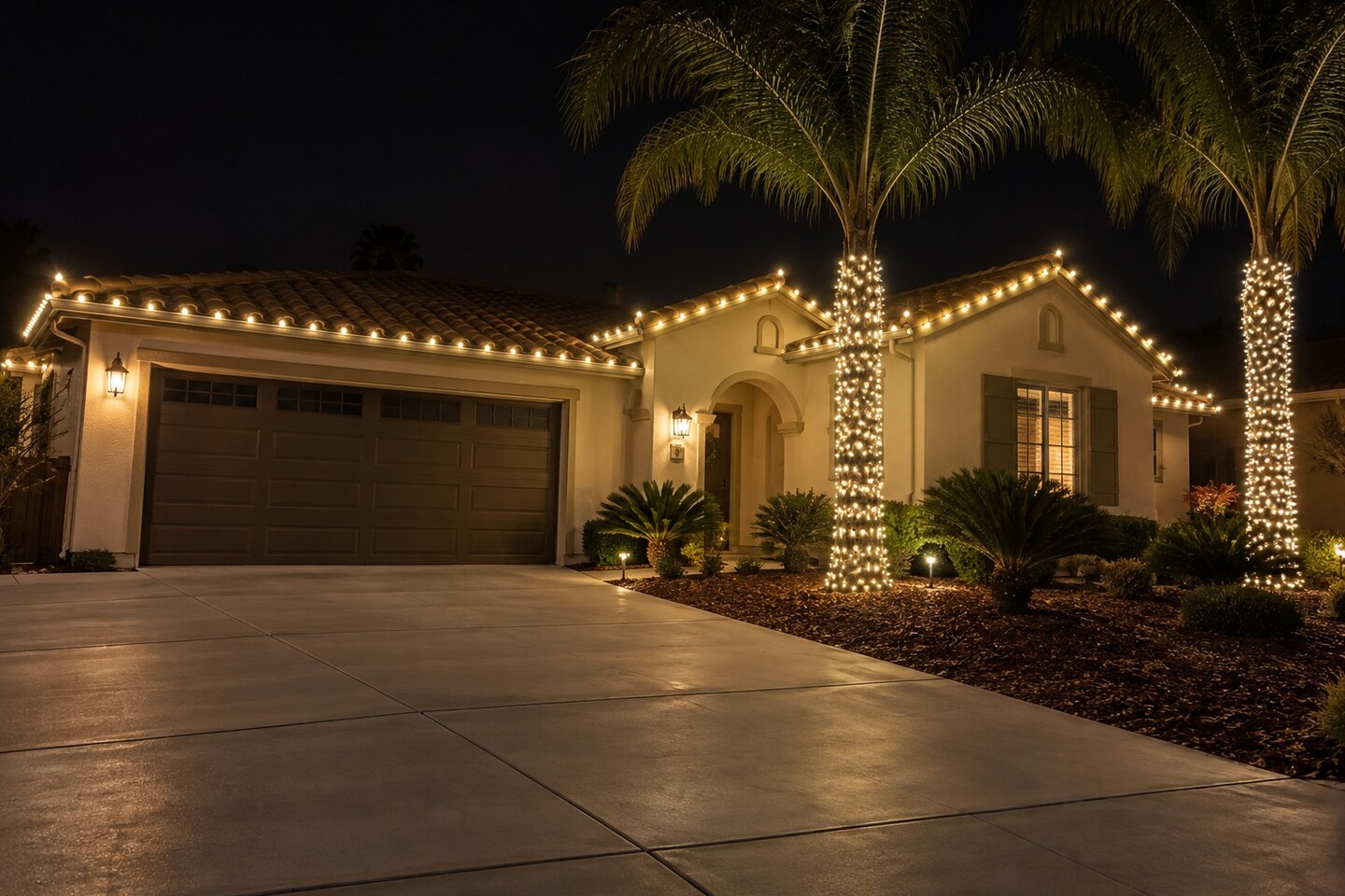 Christmas light installers in Carmichael, CA: spanish cream warm white palms
