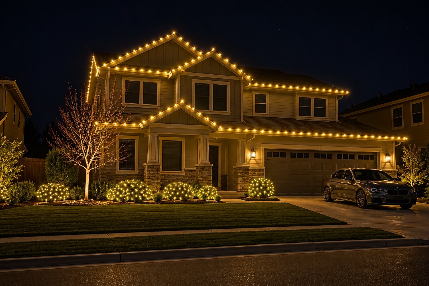 Christmas light installers in Carmichael, CA: tract two story sedan c9 warm white