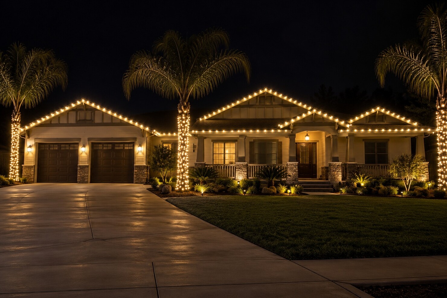 Christmas light service in Carmichael, CA: ranch three gables porch palm wraps warm white