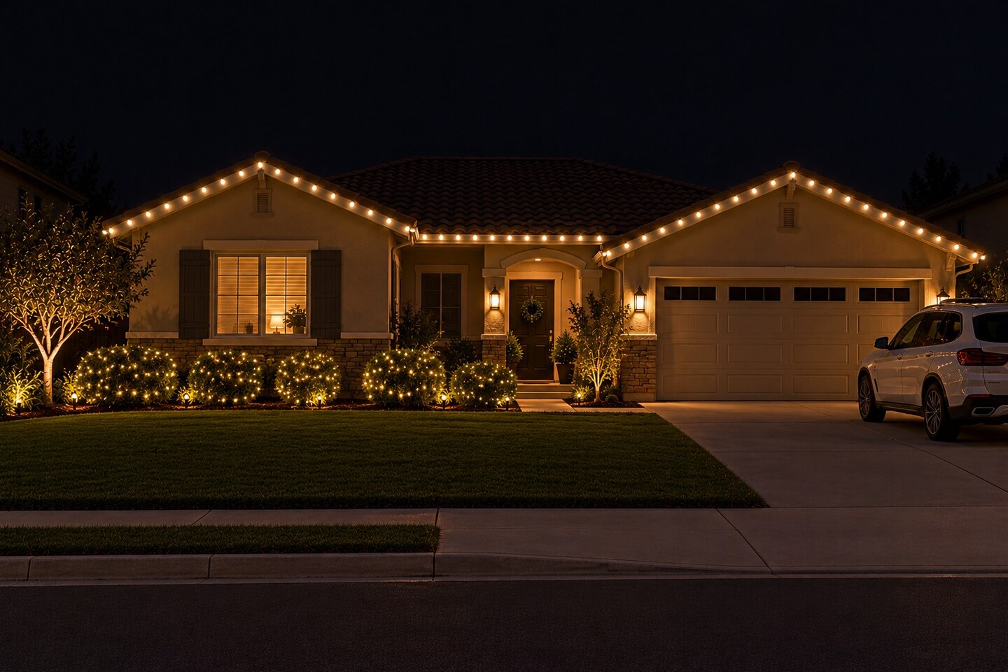 Christmas light service in Carmichael, CA: tract single warm white bushes