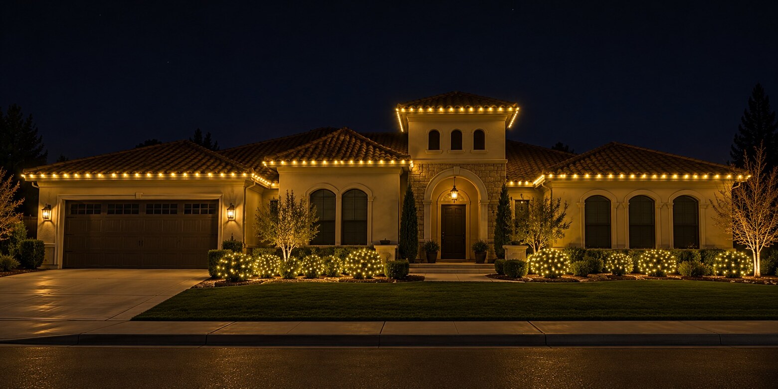 Christmas lights in Carmichael, CA: mediterranean tower eave c9 warm white