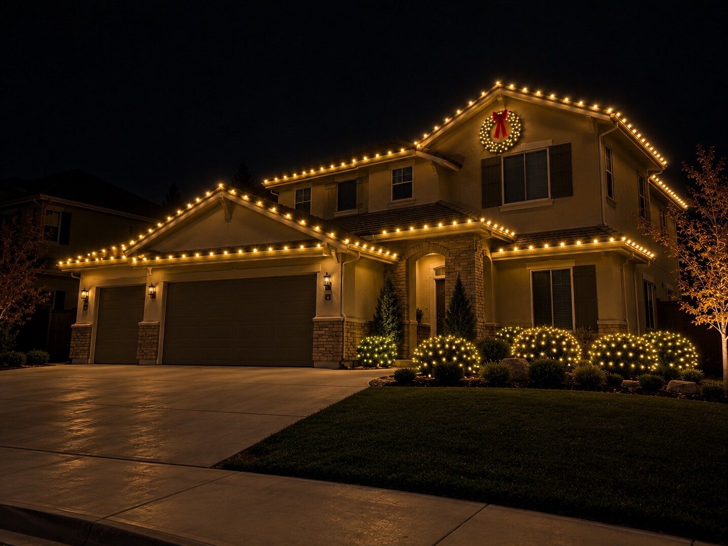 Christmas lights in Carmichael, CA: two story gable wreath c9 warm white