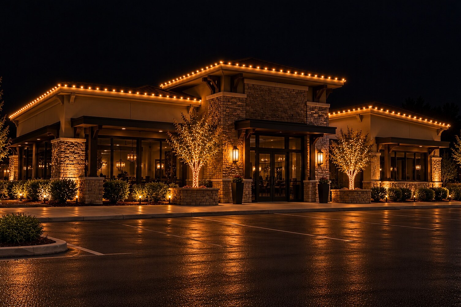 Holiday light installation in Carmichael, CA: commercial restaurant parapet c9 warm white