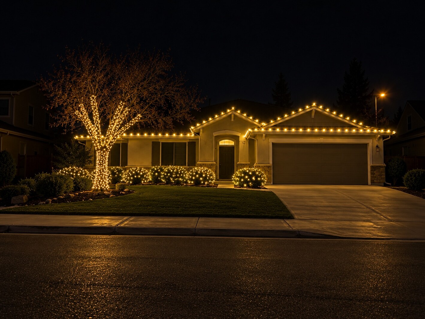 Holiday light installation in Carmichael, CA: street view lit ranch c9 warm white