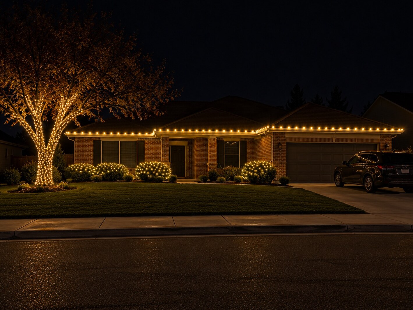 Holiday lighting in Carmichael, CA: brick ranch tree sleeve wrap c9 warm white