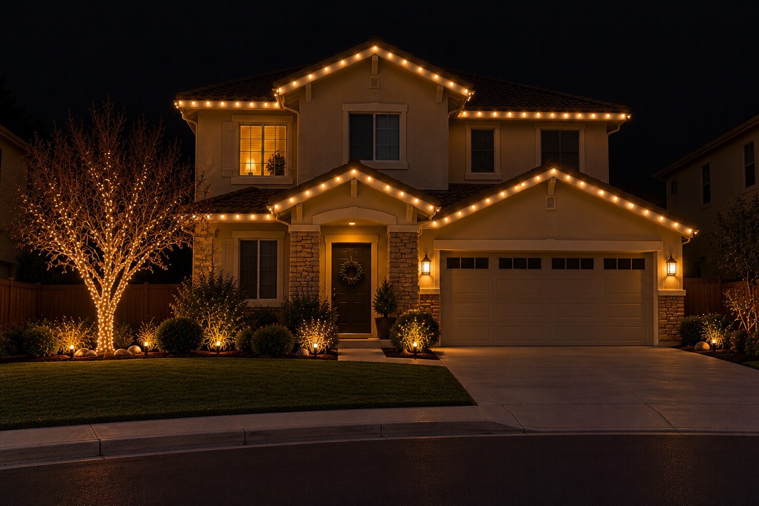 Holiday lighting in Carmichael, CA: culdesac two story warm white myrtle