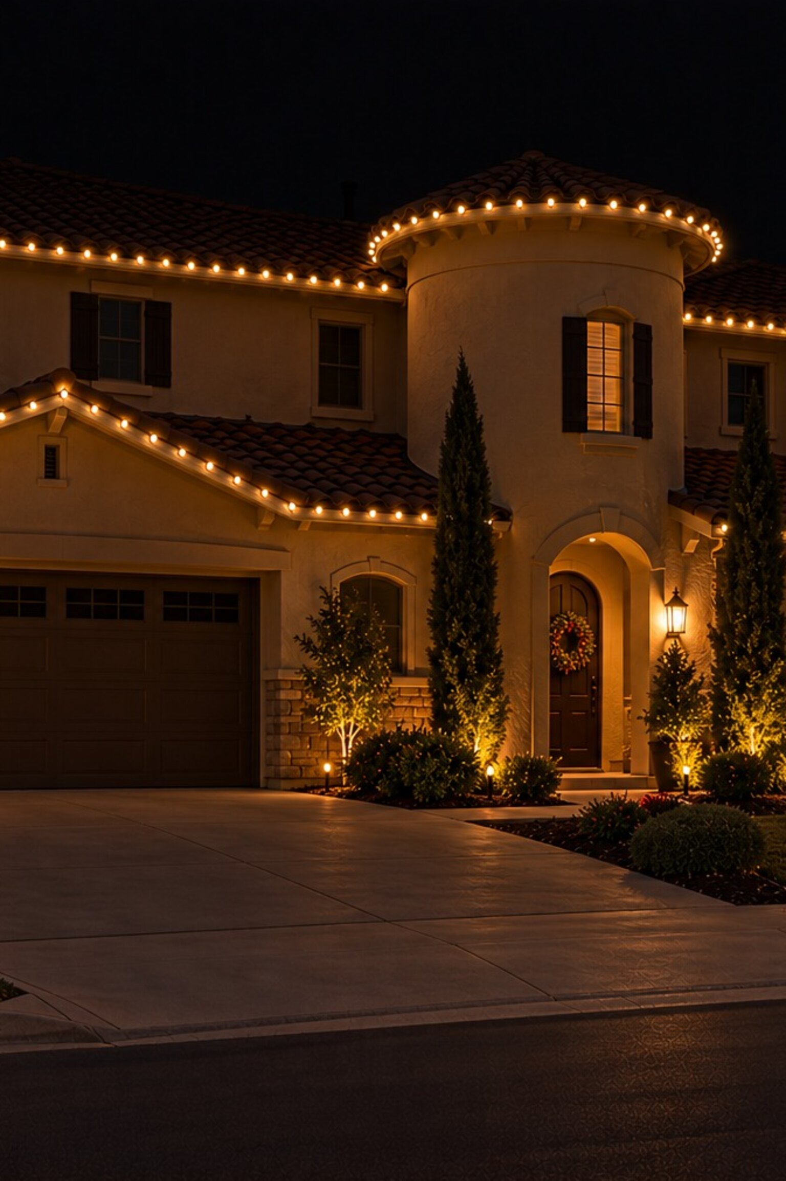 Holiday lighting in Carmichael, CA: mediterranean tower warm white