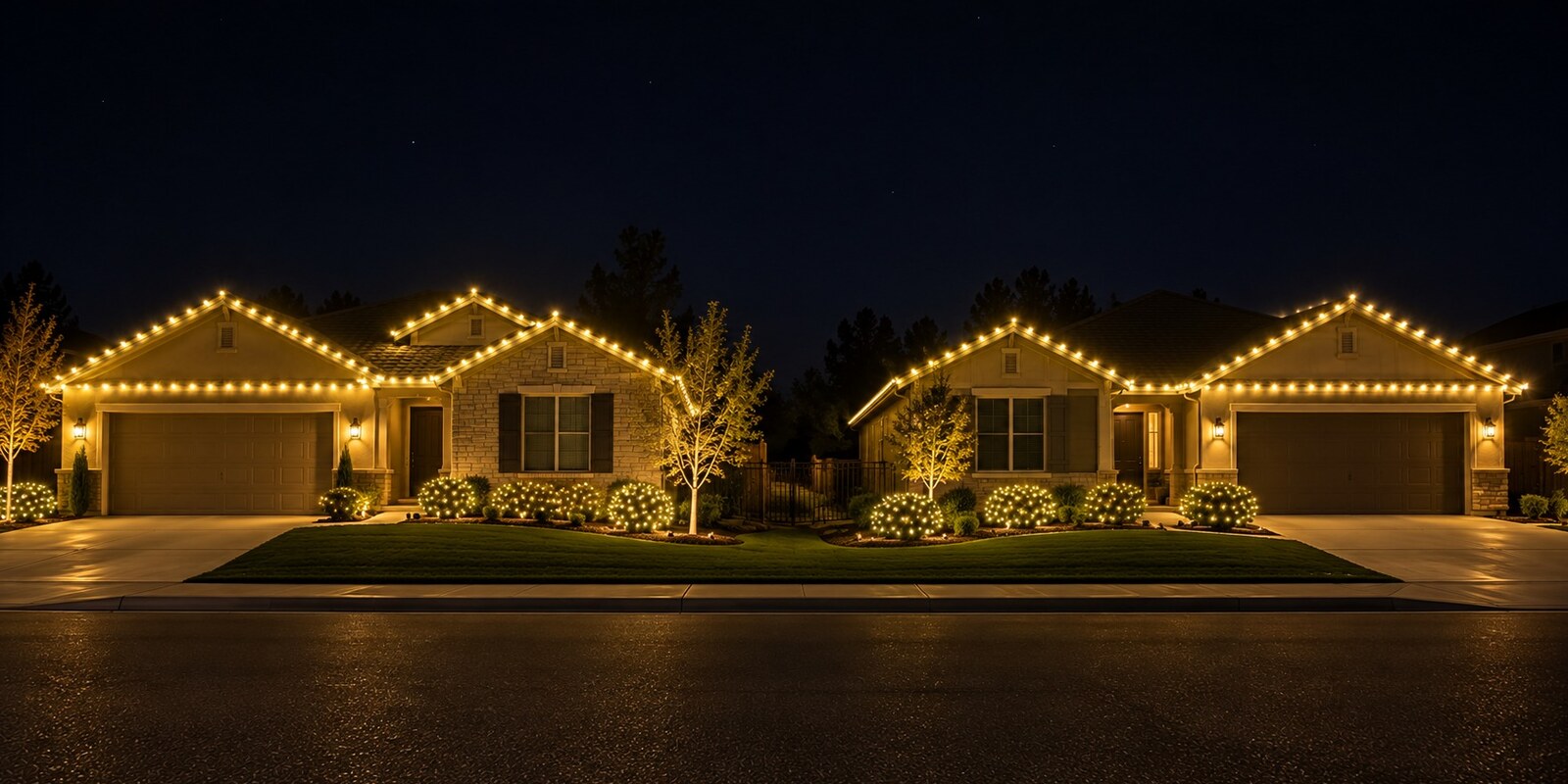 Holiday lighting in Carmichael, CA: two neighbor homes street c9 warm white