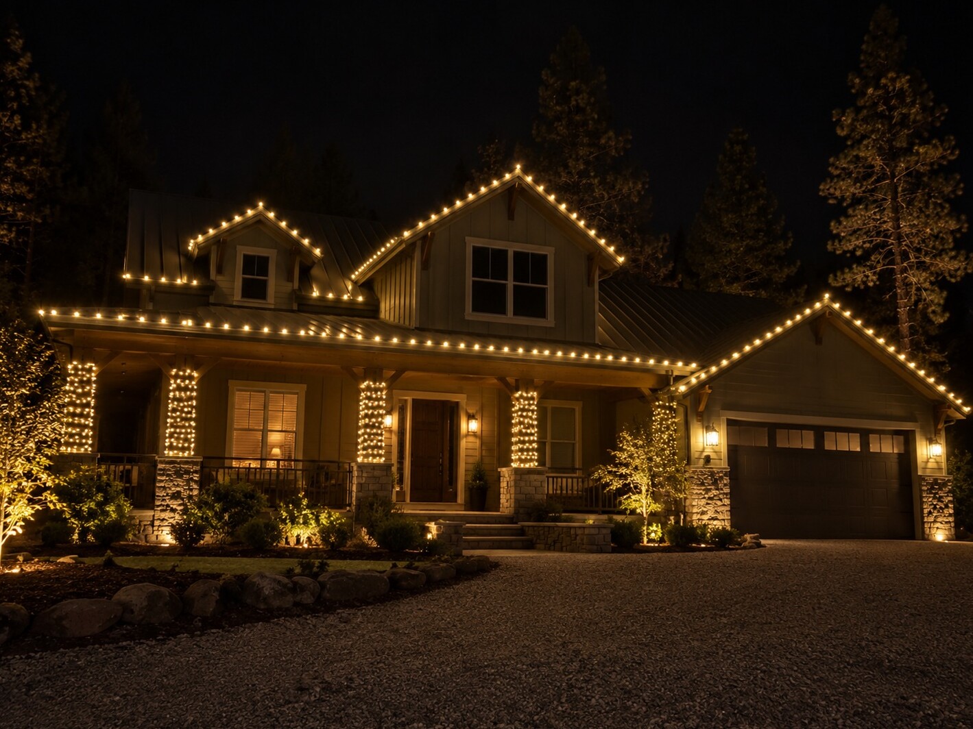 Professional christmas lights in Carmichael, CA: foothill craftsman metal roof porch warm white