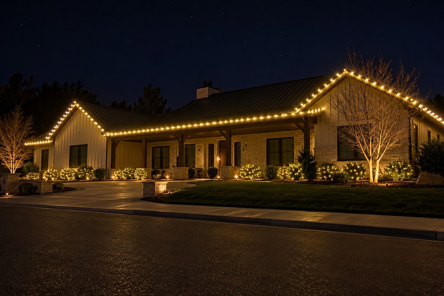 Residential christmas lights in Carmichael, CA: foothill metal roof porch c9 warm white