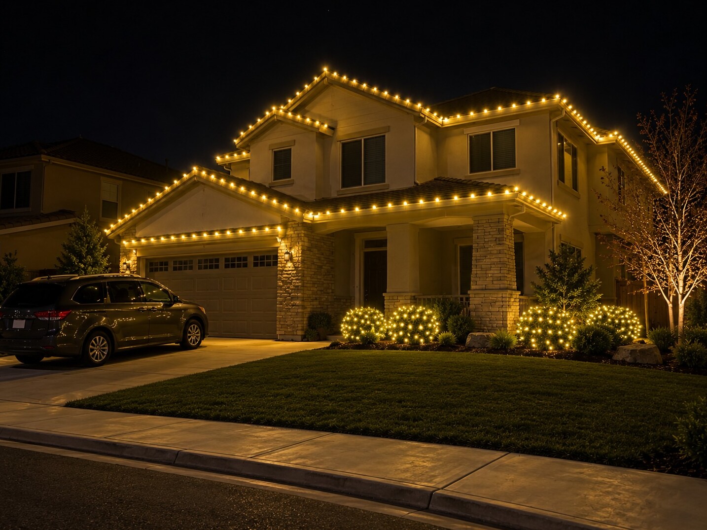 Residential christmas lights in Carmichael, CA: two story stone entry c9 warm white